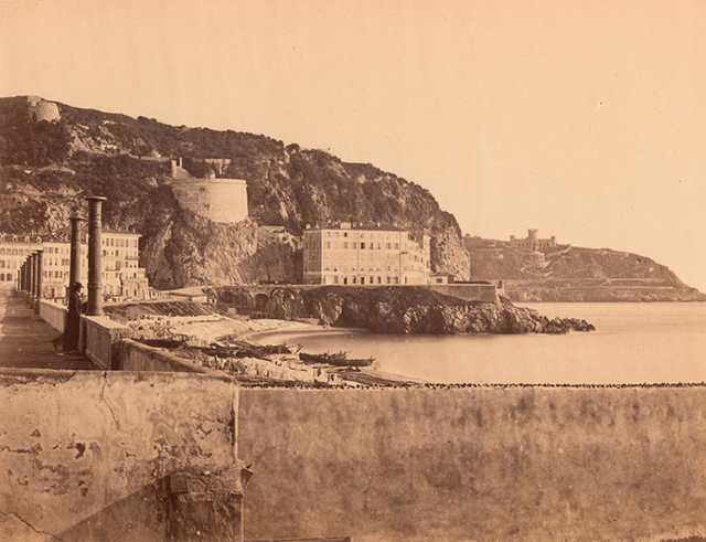 The terrace of the Pochettes, the Bellanda Tower and the Pension Suisse, ca. 1859