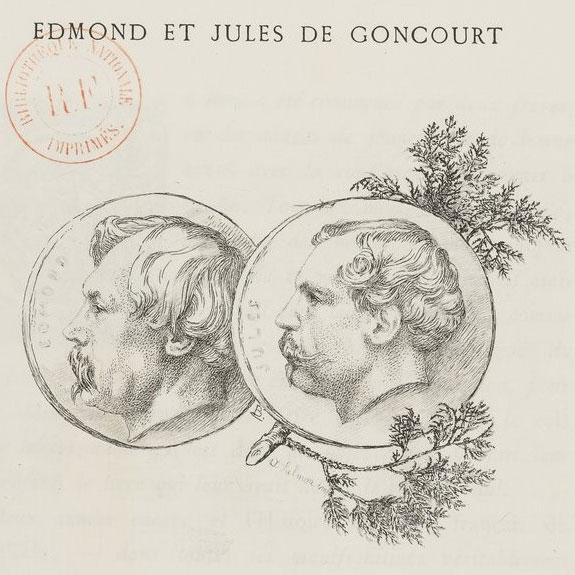 Détail couverture L'art du dix-huitième siècle, Edmond et Jules de Goncourt, gravé à l'eau-forte par Bracquemond, 1875, ed. E. DENTU, Palais-Royal, Galerie d'Orléans, Paris, 1860, Source gallica.bnf.fr / Bibliothèque nationale de France